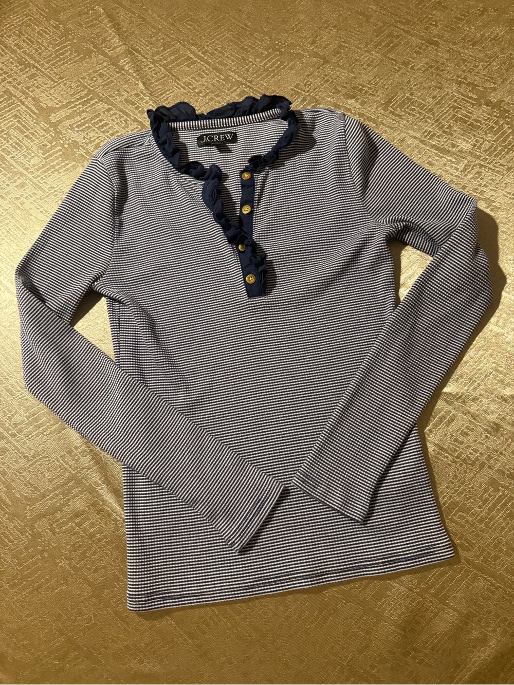Cotton/ Modal Blend J. Crew Navy and White Striped Ruffle Long Sleeve Top